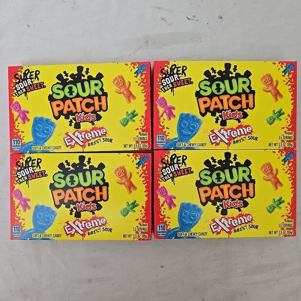 4 Pack Sour Patch Kids Extreme Sour Soft & Chewy Candy Theater Box 3.2 Oz Each